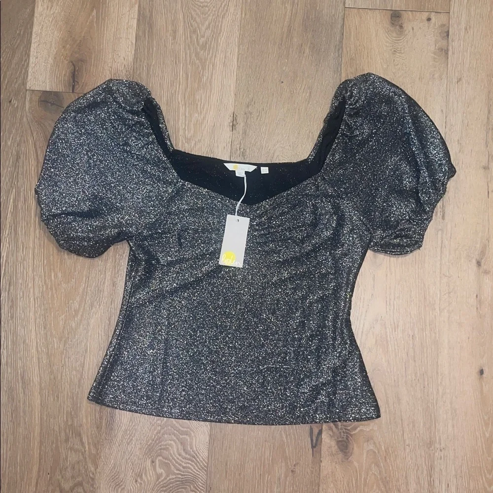 New Boden Silver Glitter Women's Blouse puff sleeve cinched top short sleeve